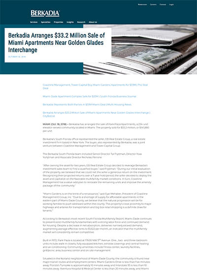 Berkadia Arranges $33.2 Million Sale of Miami Apartments Near Golden Glades Interchange
